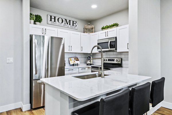 Modern kitchen with stainless steel appliances and granite countertops at Colonial Court Apartments Enjoy luxury living at this elegant Greystar property