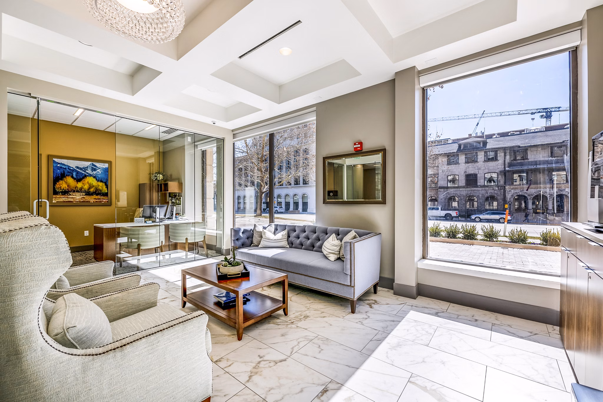 Elegant clubhouse lobby with modern seating and artwork at Eagle Gate Apartments