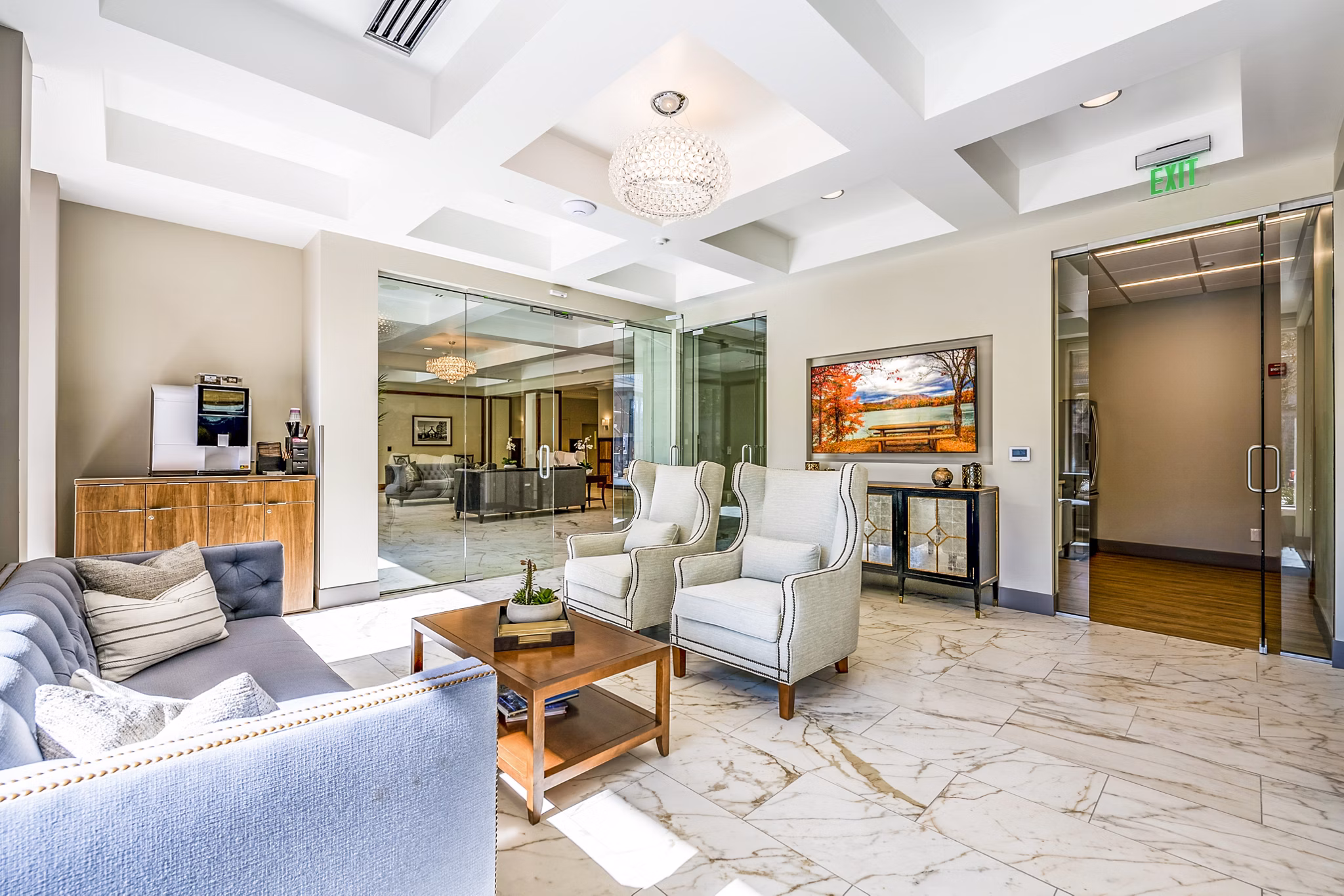 Clubhouse lobby featuring modern decor and seating at Eagle Gate Apartments