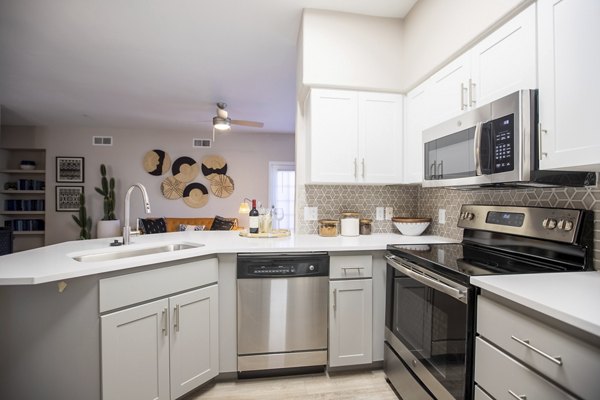 Modern kitchen with sleek countertops and stainless steel appliances at Avana Coronado Apartments, a Greystar luxury community