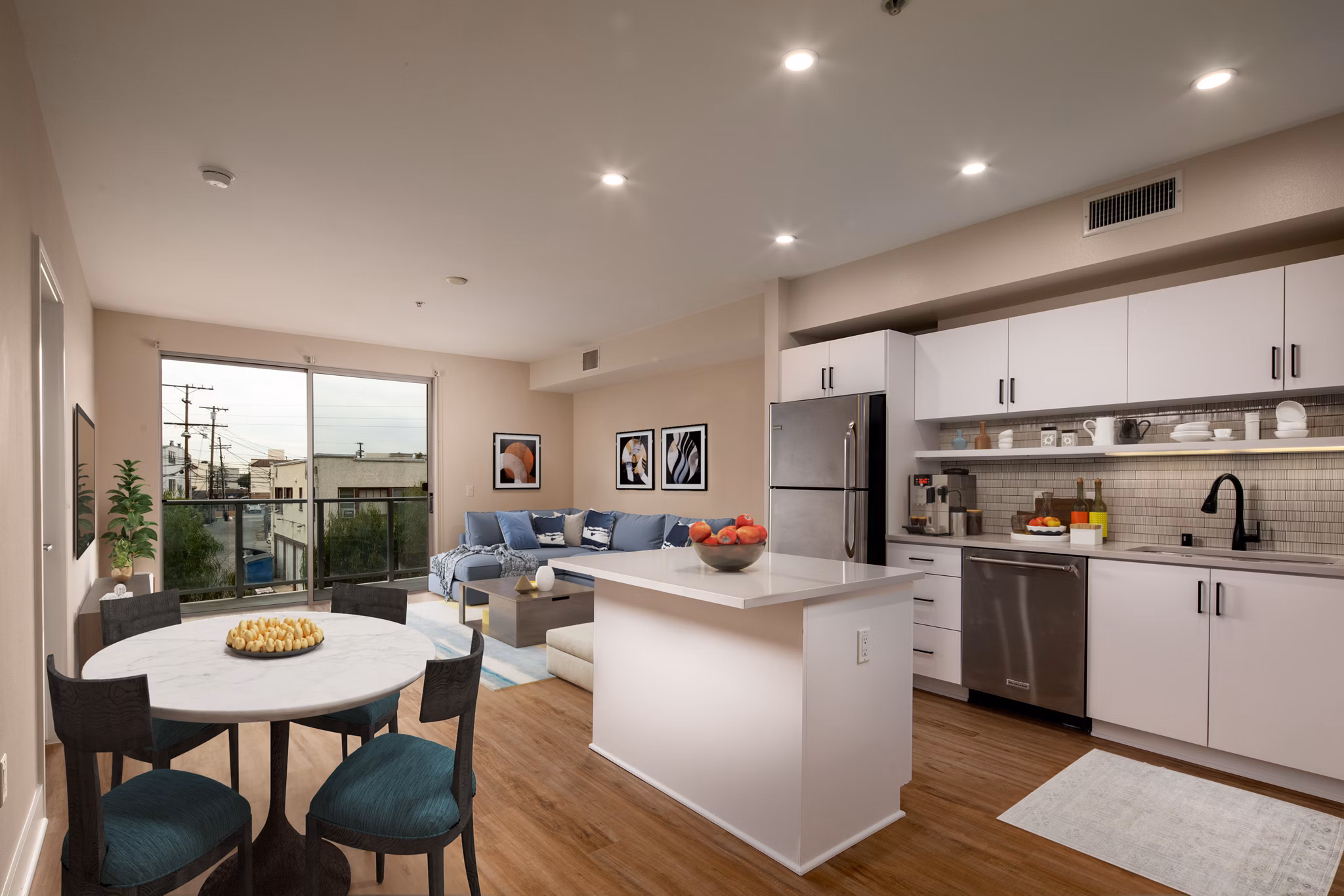Dining area with modern decor at Venice on Rose luxury apartments in Los Angeles