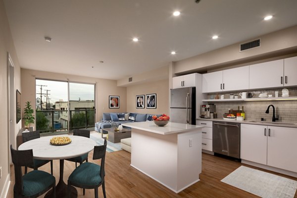 Dining area with modern decor at Venice on Rose luxury apartments in Los Angeles