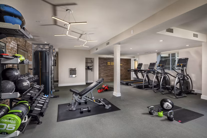 Spacious fitness center with advanced equipment at Venice on Rose Apartments