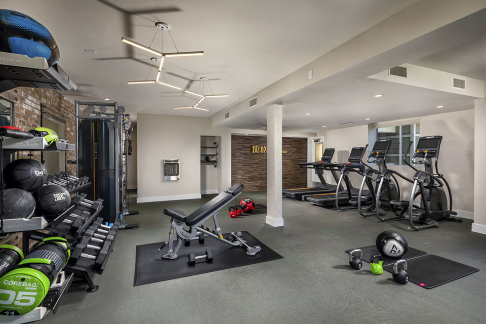 Spacious fitness center with advanced equipment at Venice on Rose Apartments