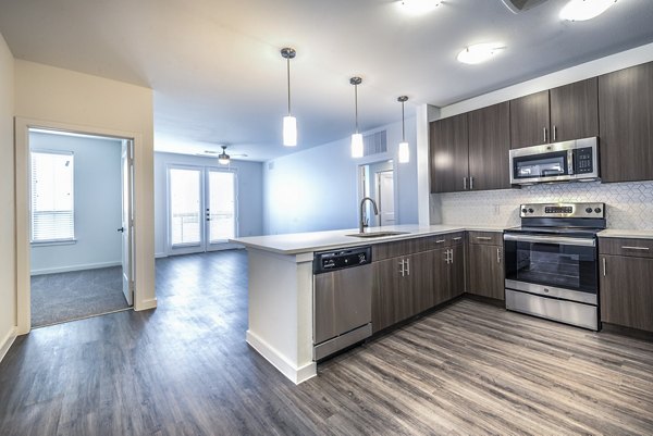 Modern kitchen with sleek countertops and stainless steel appliances at The Holston Apartments in a luxury setting