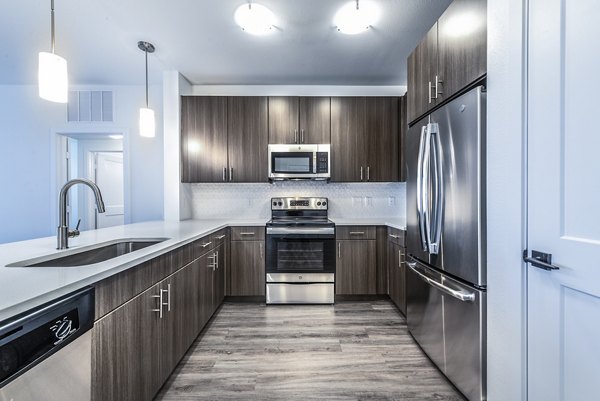 Modern kitchen with stainless steel appliances at The Holston Apartments