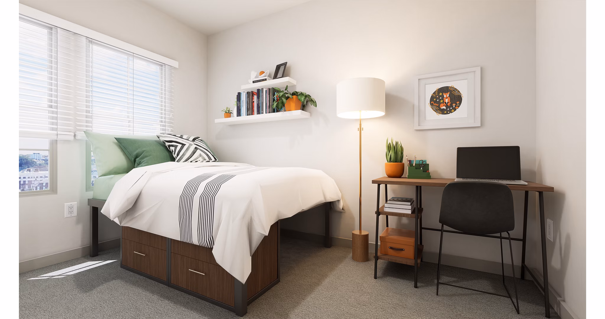 Cozy bedroom with modern decor at Union on Frank Apartments