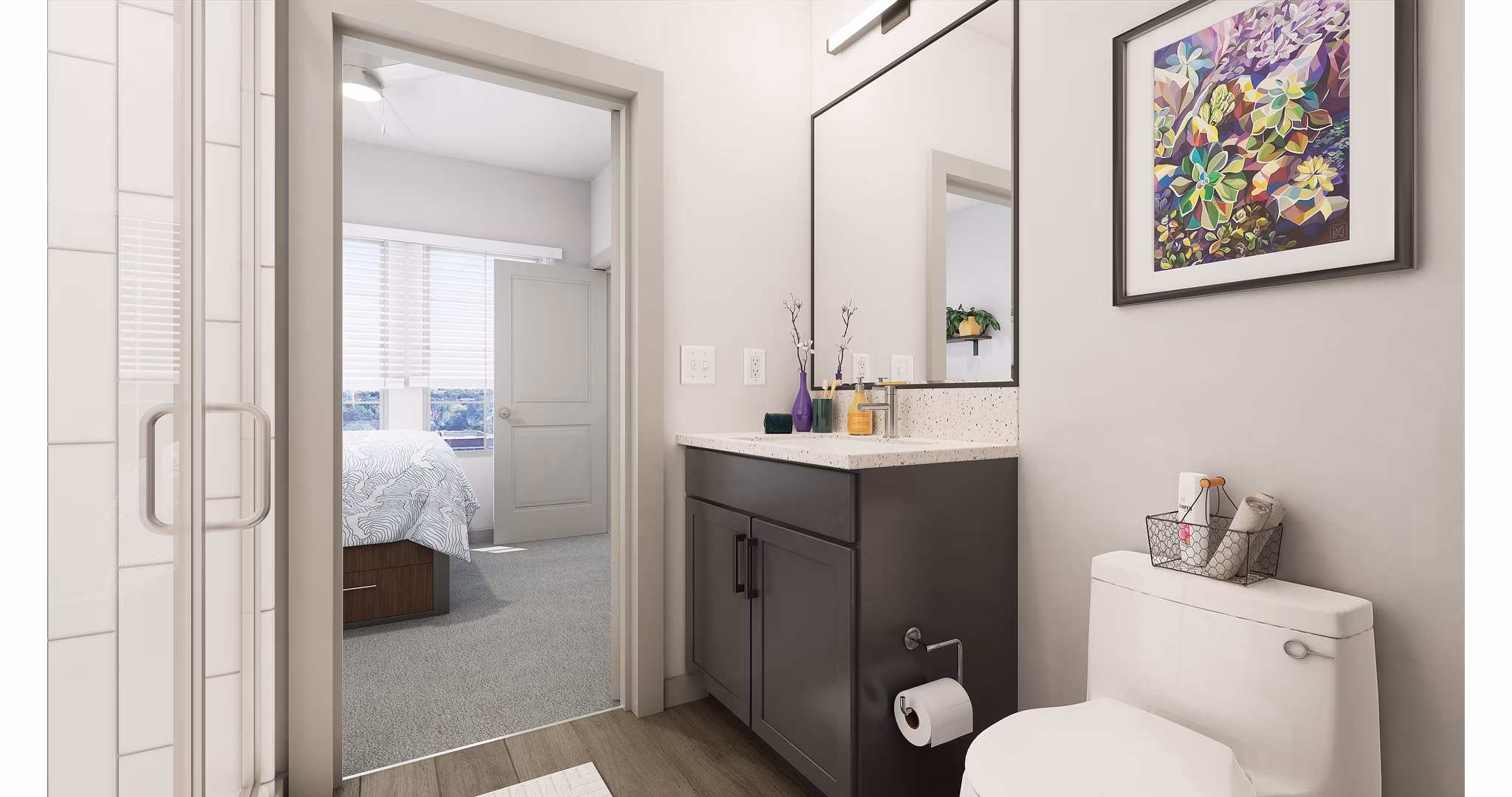 Modern bathroom with sleek fixtures at Union on Frank Apartments, featuring luxury design and amenities in a vibrant community setting