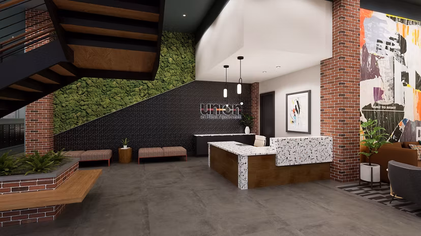 Modern clubhouse with spacious seating and decor at Union on Frank Apartments