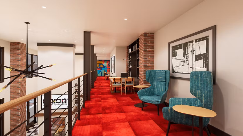 Union on Frank Apartments: Modern clubhouse featuring contemporary design and comfortable seating areas