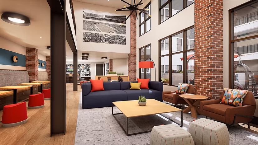 Modern clubhouse with stylish interiors at Union on Frank Apartments in a vibrant neighborhood, perfect for luxurious community gatherings
