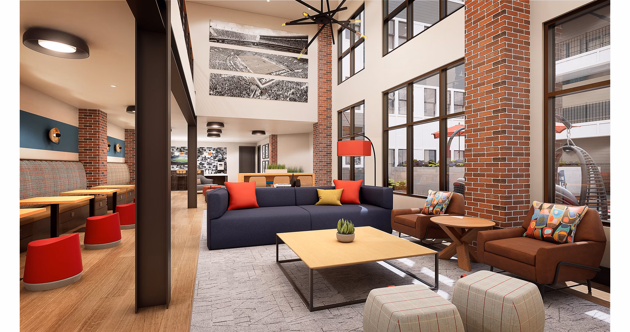 Modern clubhouse with stylish interiors at Union on Frank Apartments in a vibrant neighborhood, perfect for luxurious community gatherings