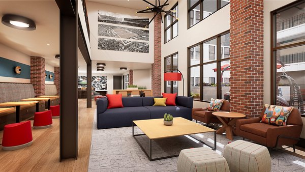 Modern clubhouse with stylish interiors at Union on Frank Apartments in a vibrant neighborhood, perfect for luxurious community gatherings