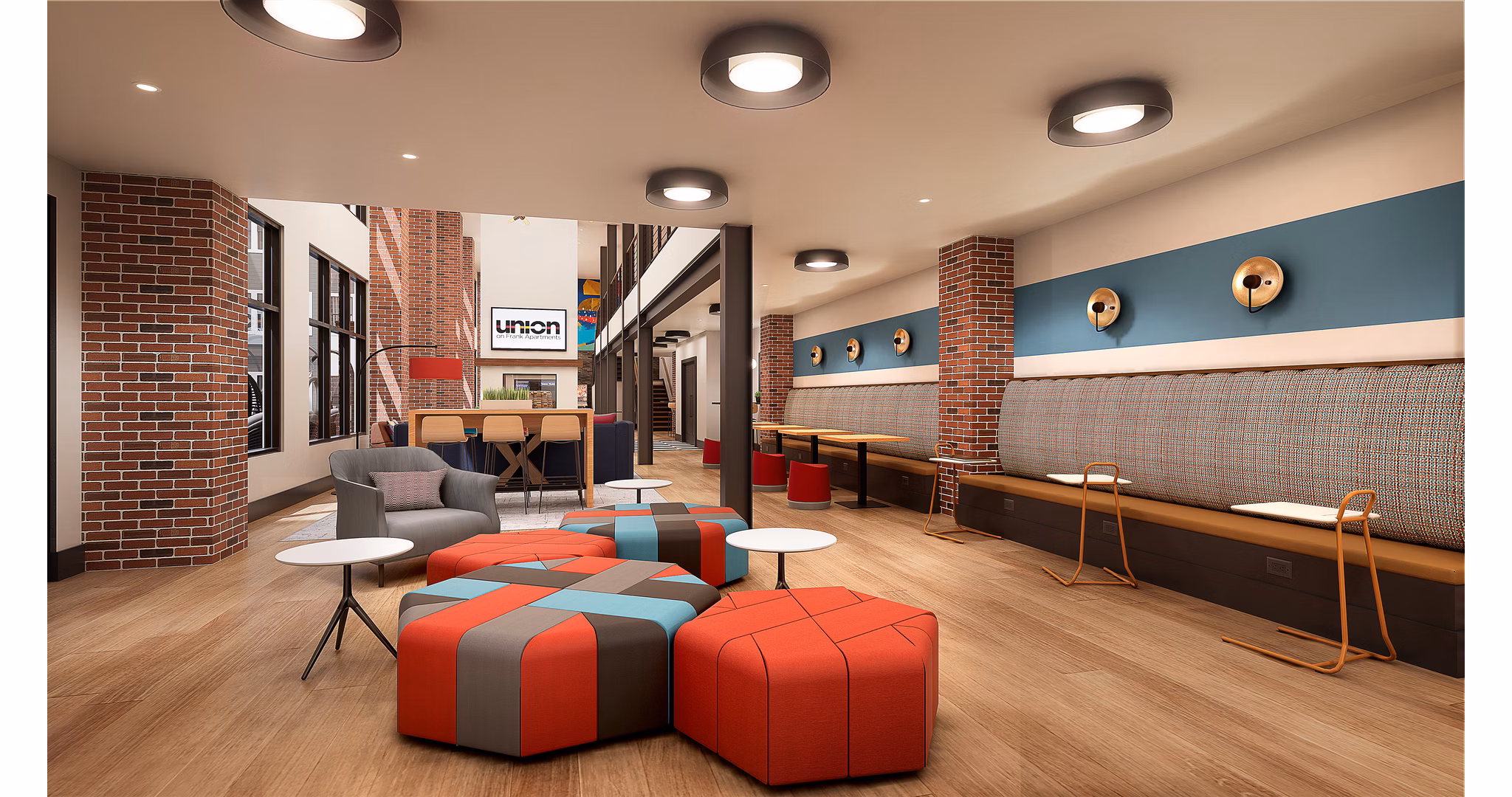 Clubhouse featuring modern design and ample seating at Union on Frank Apartments, a Greystar luxury community