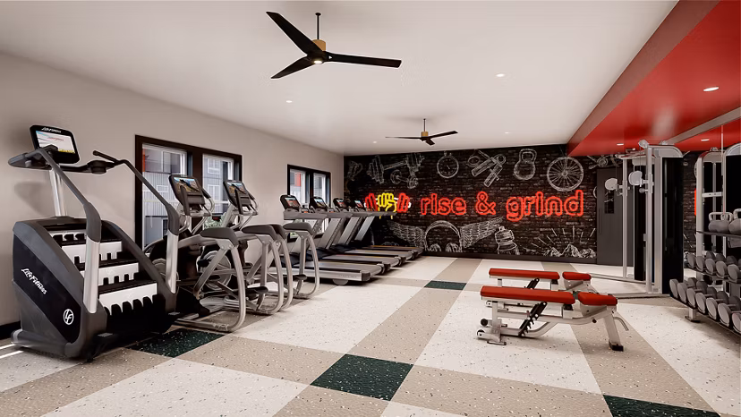 State-of-the-art fitness center at Union on Frank Apartments, featuring modern equipment for a premium workout experience