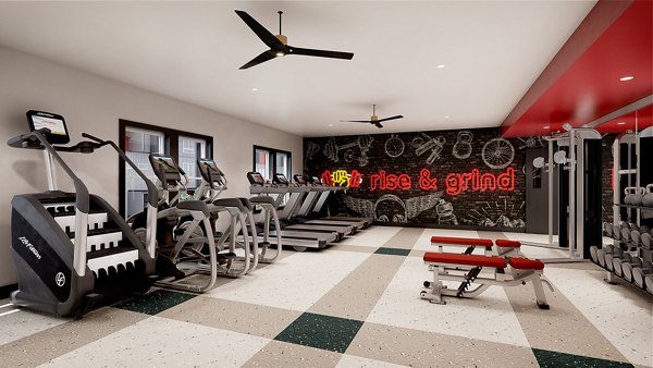 State-of-the-art fitness center at Union on Frank Apartments, featuring modern equipment for a premium workout experience
