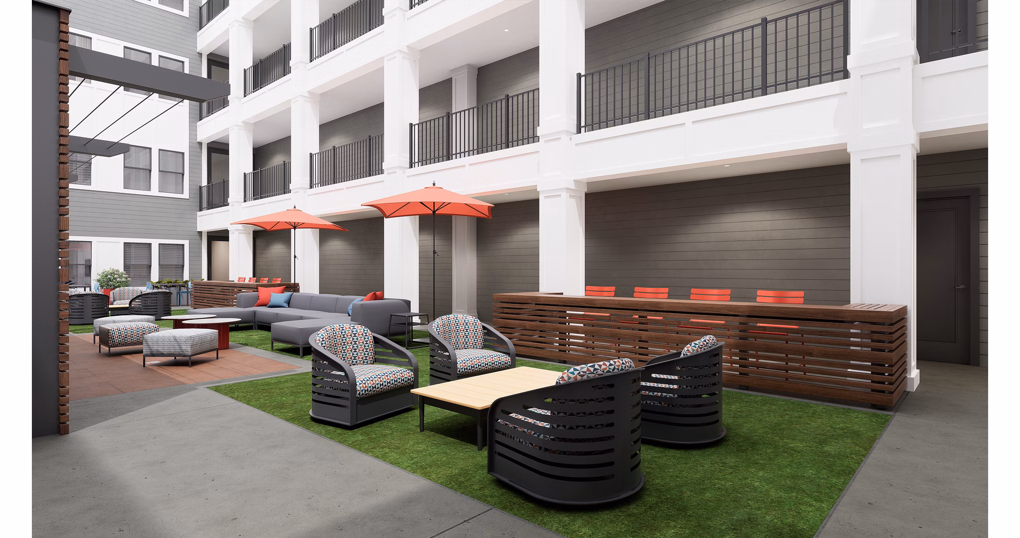 Charming courtyard with lush greenery at Union on Frank Apartments, an upscale community in the heart of the city