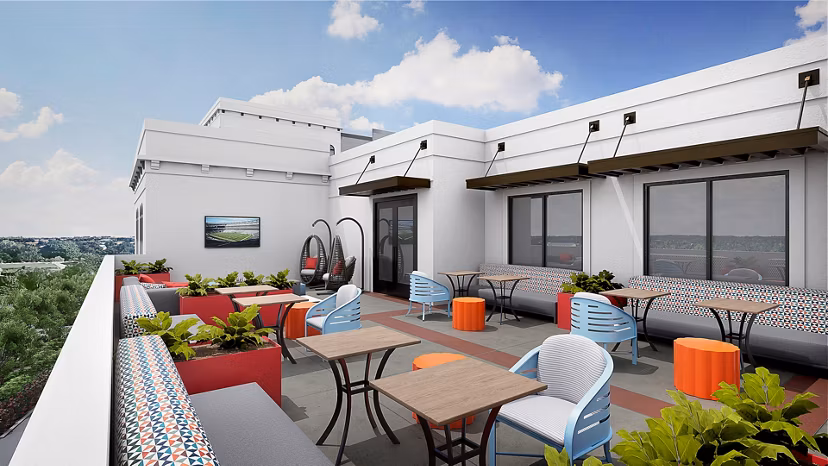 Scenic rooftop deck with comfortable seating at Union on Frank Apartments