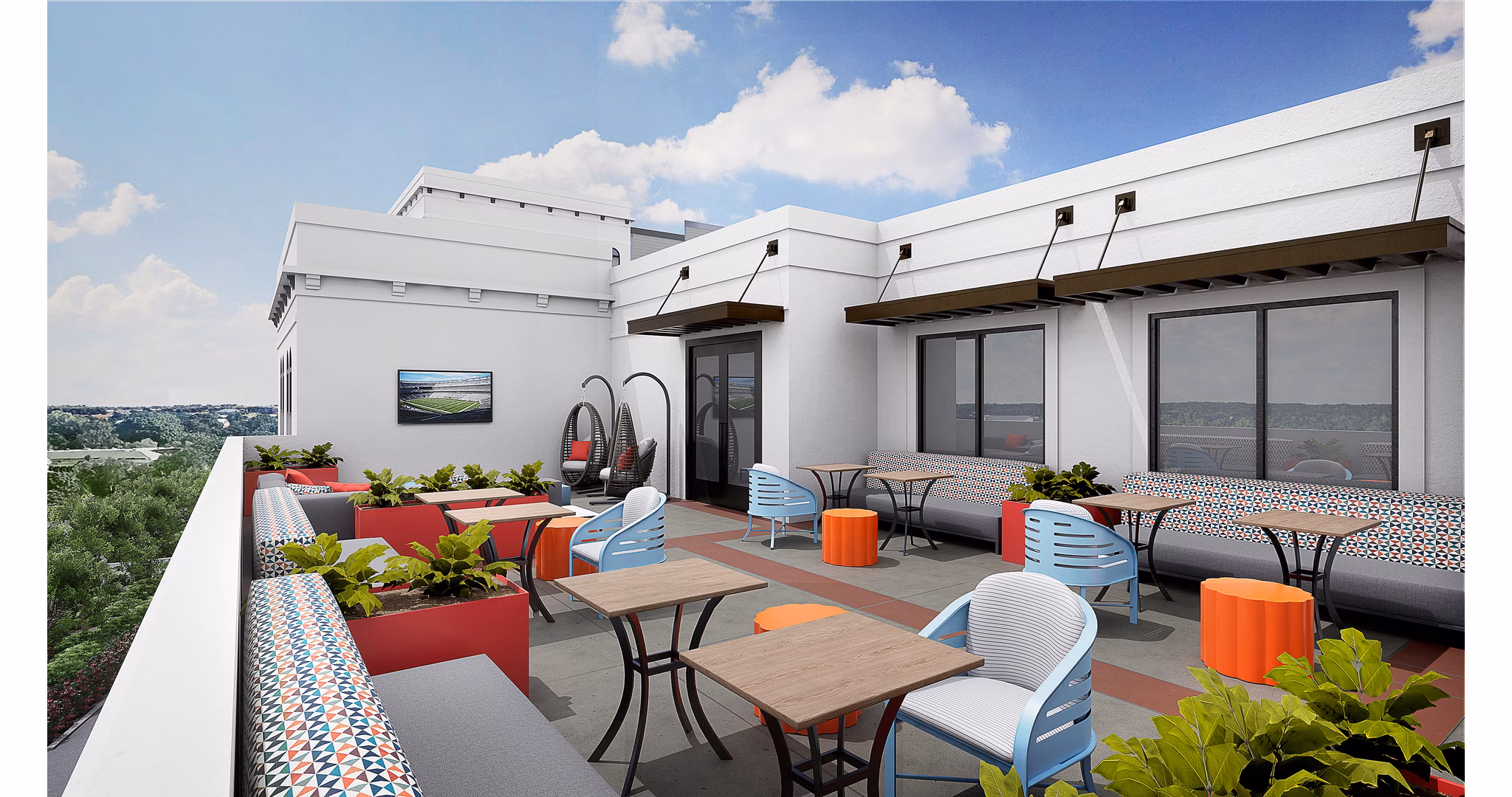 Scenic rooftop deck with comfortable seating at Union on Frank Apartments