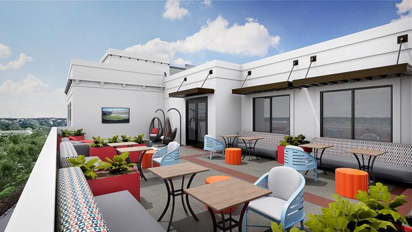 Scenic rooftop deck with comfortable seating at Union on Frank Apartments