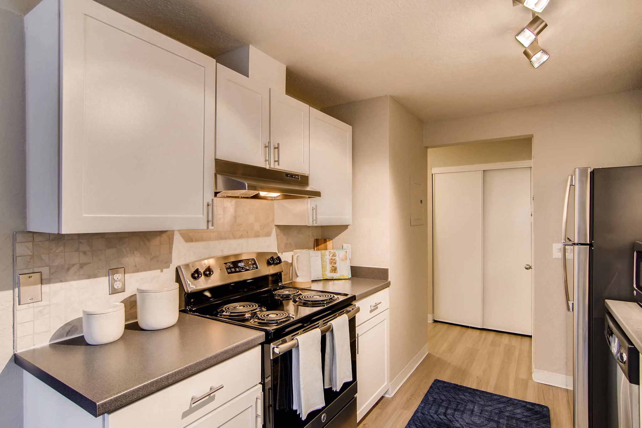 Kitchens with stainless steel appliances in Arterra Apartments, offering luxury living spaces in a modern rental high-rise