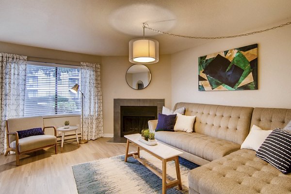 Spacious living room with modern decor in Arterra Apartments