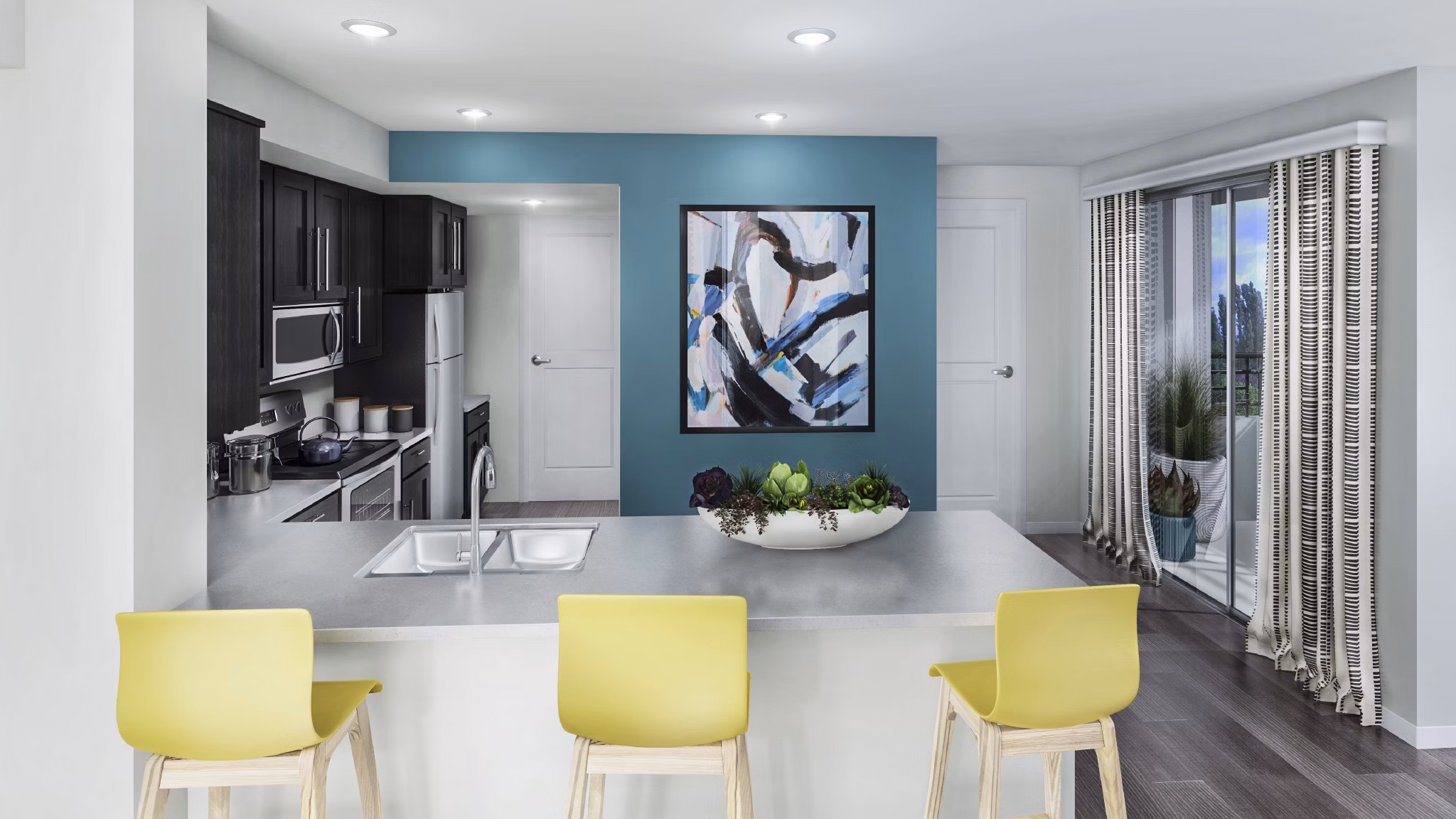 Dining room at Ascent at Campus of Life Apartments featuring elegant table settings and modern lighting fixtures