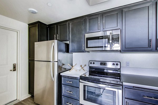 Modern kitchen with stainless steel appliances in Ascent at Campus of Life Apartments