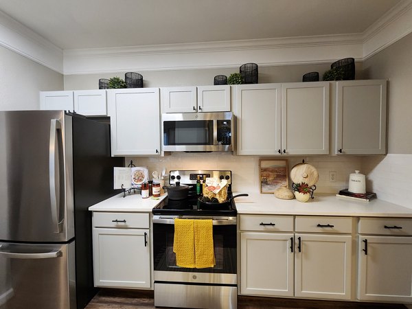 Modern kitchen with stainless steel appliances at Grand Villas at Tuscan Lakes Apartments