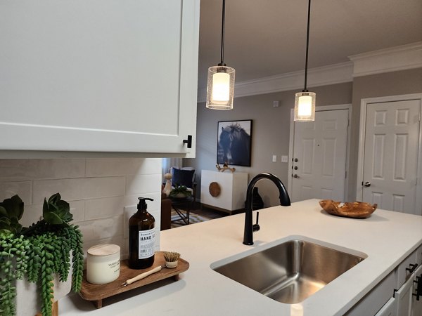 Modern kitchen with stainless steel appliances at Grand Villas at Tuscan Lakes Apartments