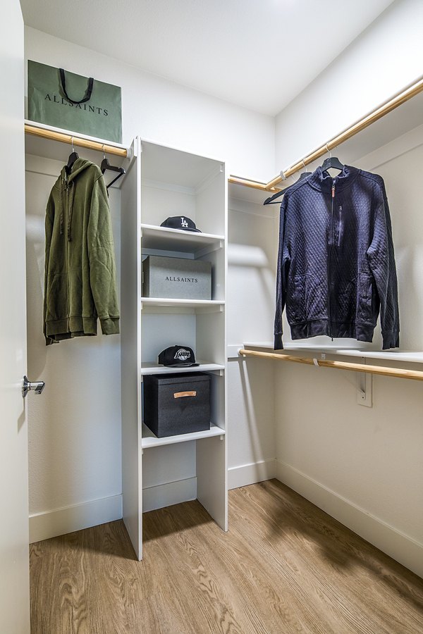 Bedroom closet with ample storage space at Llewellyn Apartments offering luxury living by Greystar