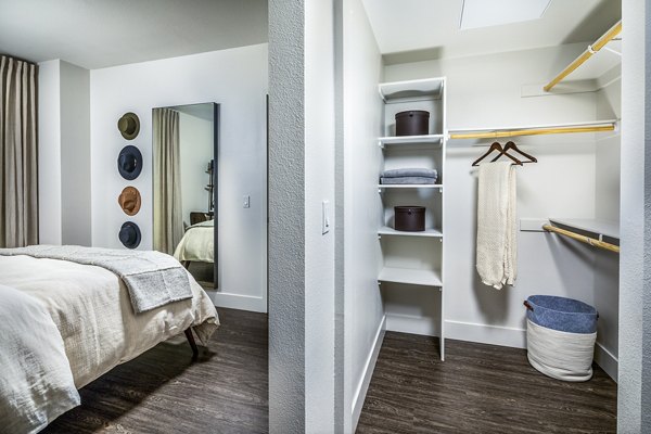 Spacious bedroom closet with ample storage at Llewellyn Apartments, offering luxurious living and modern amenities
