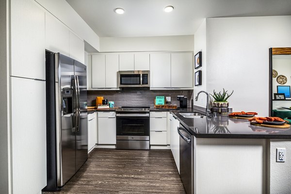 Modern kitchen with stainless steel appliances in Llewellyn Apartments