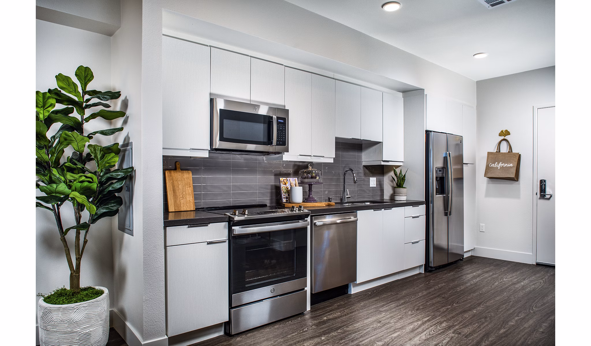 Modern kitchen with stainless steel appliances at Llewellyn Apartments, offering luxury living in a Greystar community