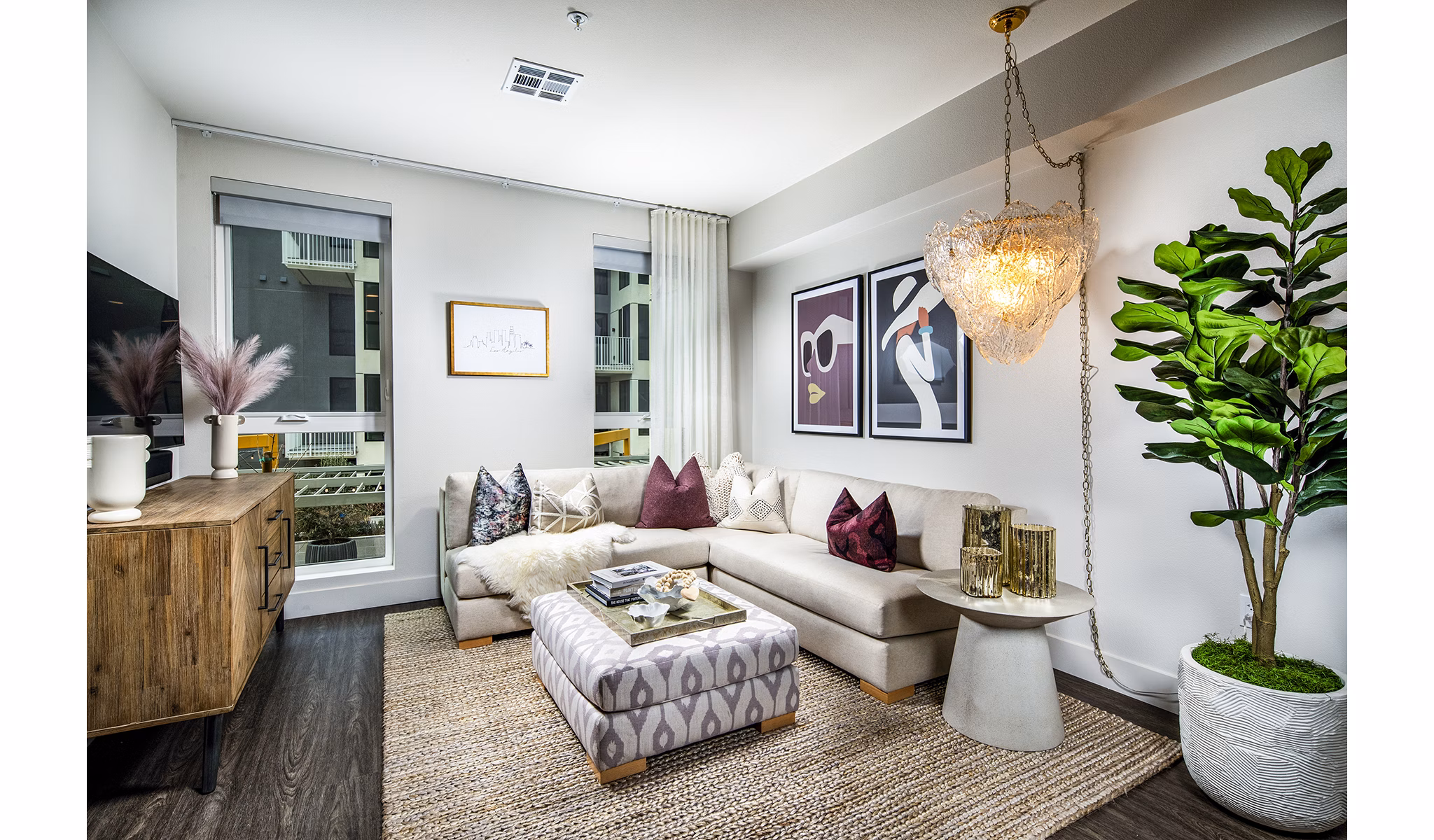 Spacious living room with stylish decor at Llewellyn Apartments