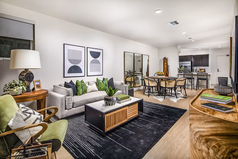 Spacious living room with modern decor in Llewellyn Apartments, offering luxury living at Greystar's premier Los Angeles location