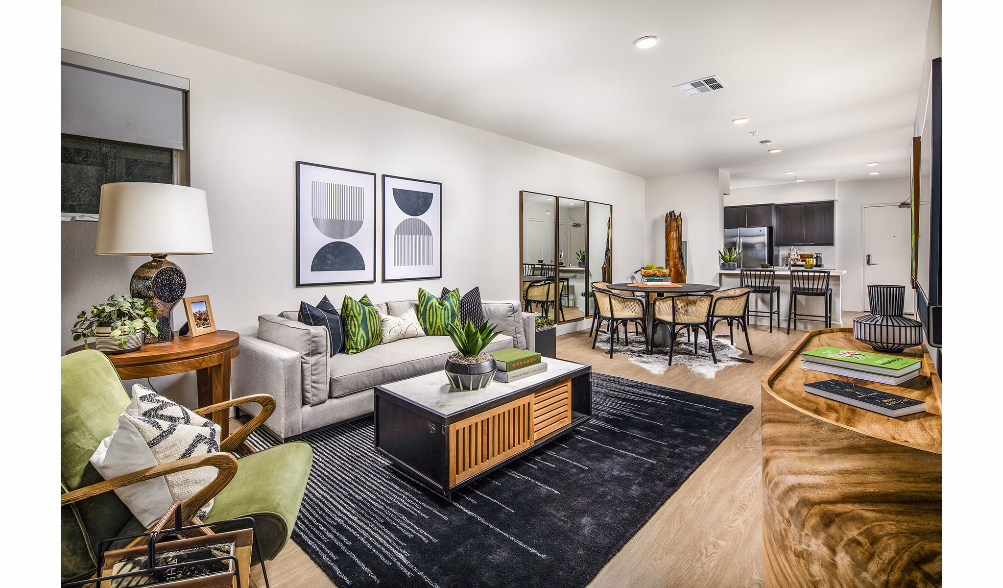 Spacious living room with modern decor in Llewellyn Apartments, offering luxury living at Greystar's premier Los Angeles location