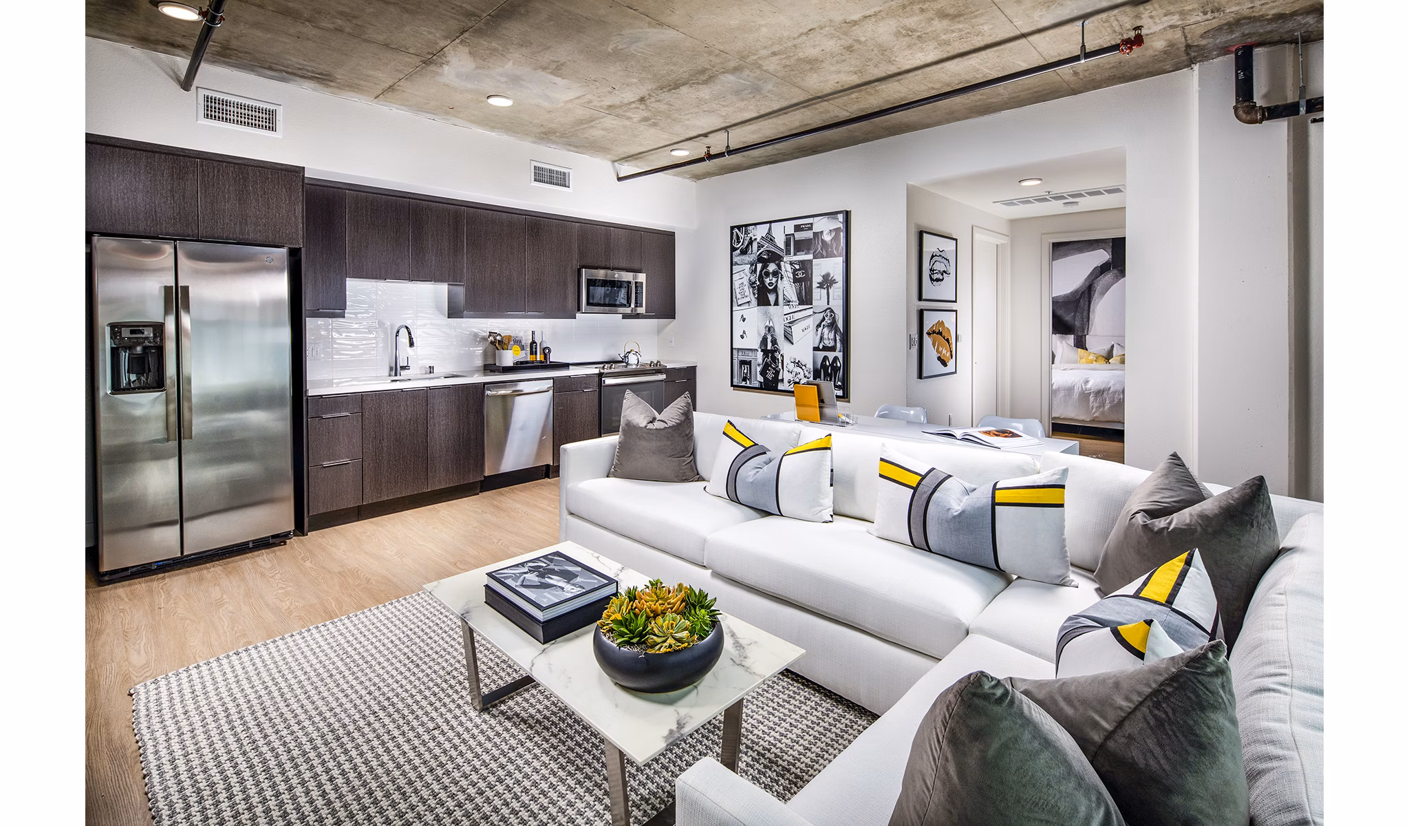 Spacious living room with modern decor at Llewellyn Apartments
