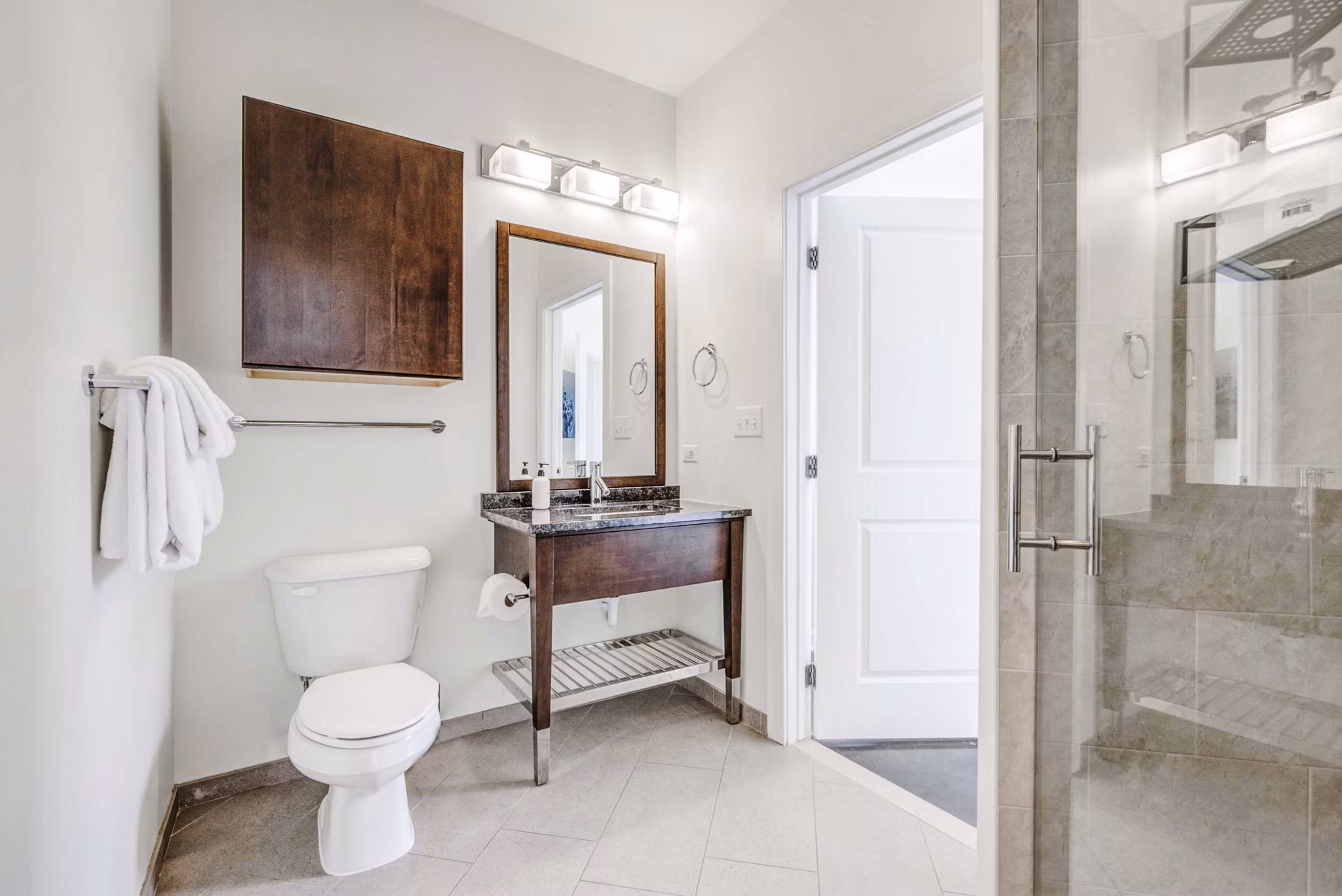 Modern bathroom with sleek fixtures at DelRay Tower Apartments