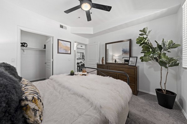 Elegant bedroom featuring modern decor and ample natural light at Tempe Station Apartments in Greystar's luxury residential portfolio