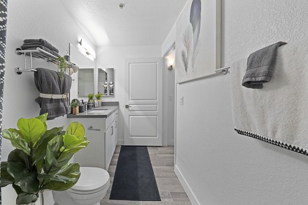 Bathroom with sleek fixtures and modern design at Tempe Station Apartments, a luxury Greystar community in an upscale neighborhood