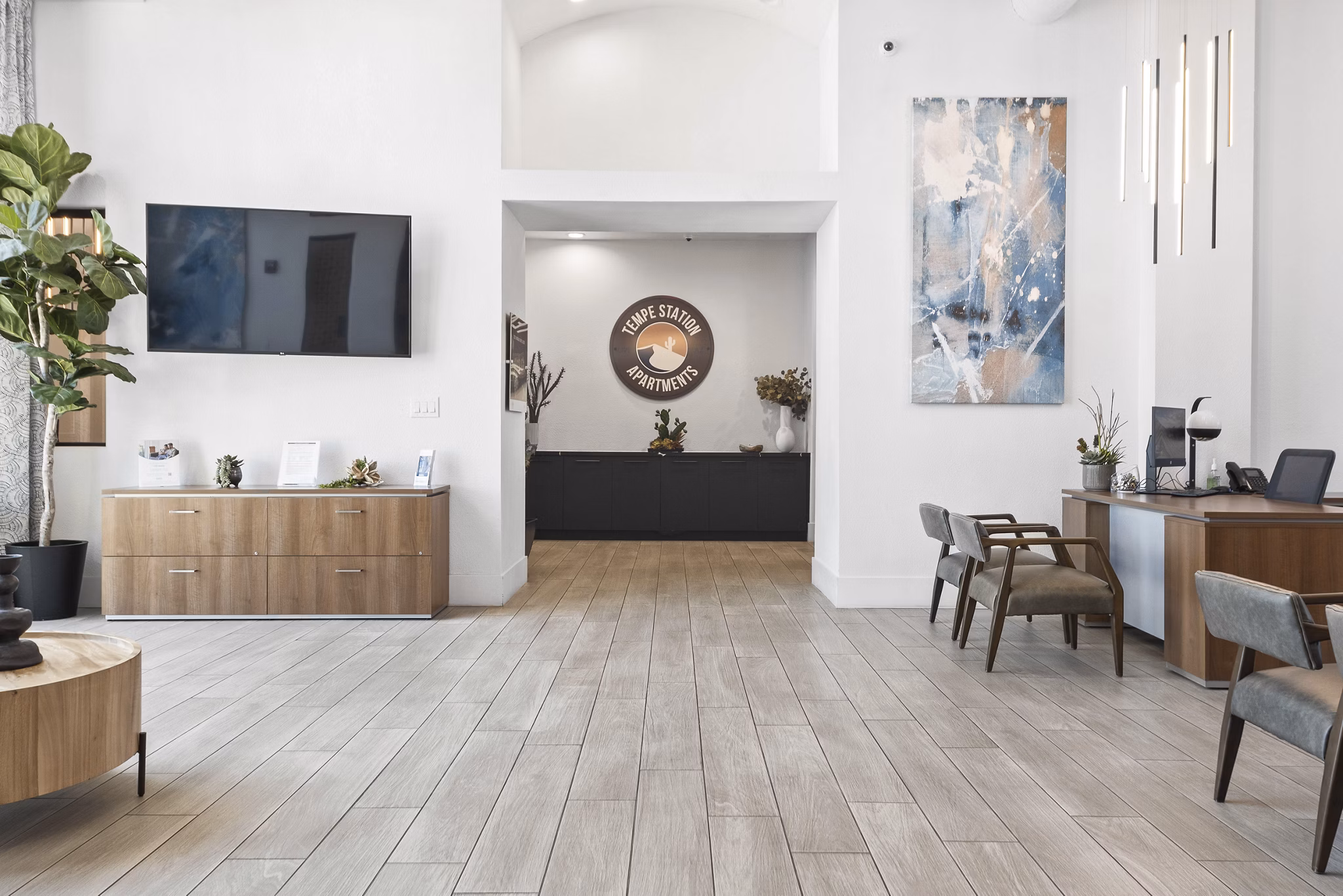 Stylish clubhouse featuring modern decor at Tempe Station Apartments in an upscale community setting