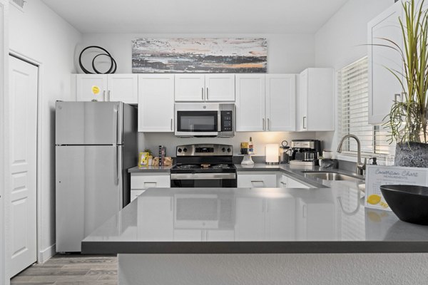 Modern kitchen with stainless steel appliances and granite countertops at Tempe Station Apartments