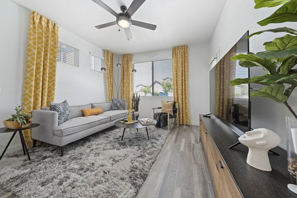 Spacious living room with modern decor at Tempe Station Apartments luxury units in the heart of Tempe