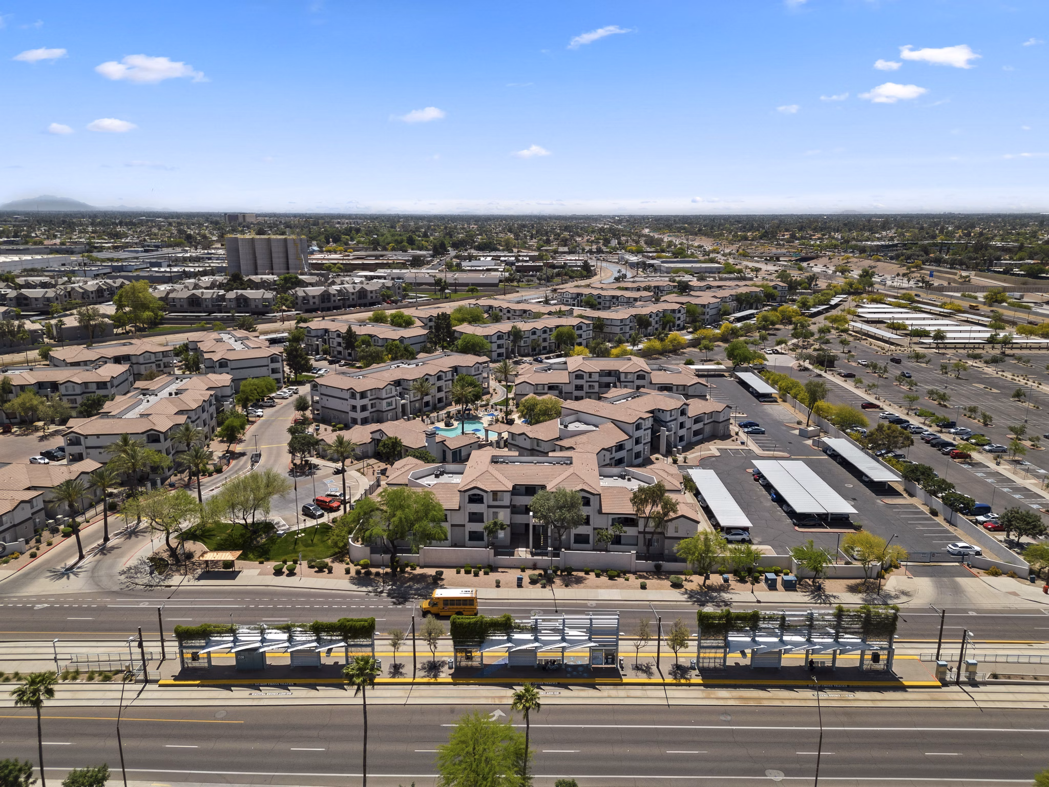 Exterior view of Greystarâ€™s Tempe Station: modern luxury apartments in vibrant Tempe
