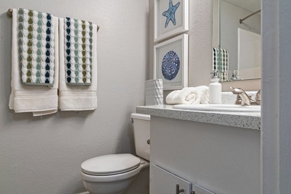 Modern bathroom with sleek fixtures and natural light at Westmount at Urban Trails Apartments