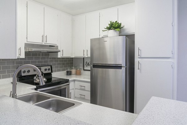 Modern kitchen with stainless steel appliances at Westmount at Urban Trails Apartments