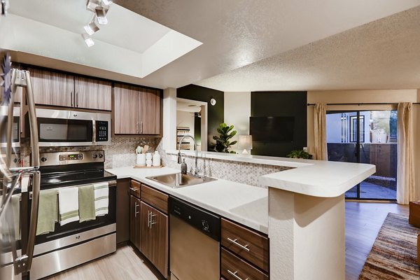 Modern kitchen with stainless steel appliances and marble countertops at Espiral Apartments, luxury living in the heart of the city