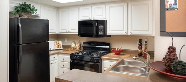 Modern kitchen with stainless steel appliances at The Highlands at Grand Terrace Apartments