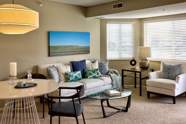 Spacious living room with modern decor and natural light at Avana Addison Apartments